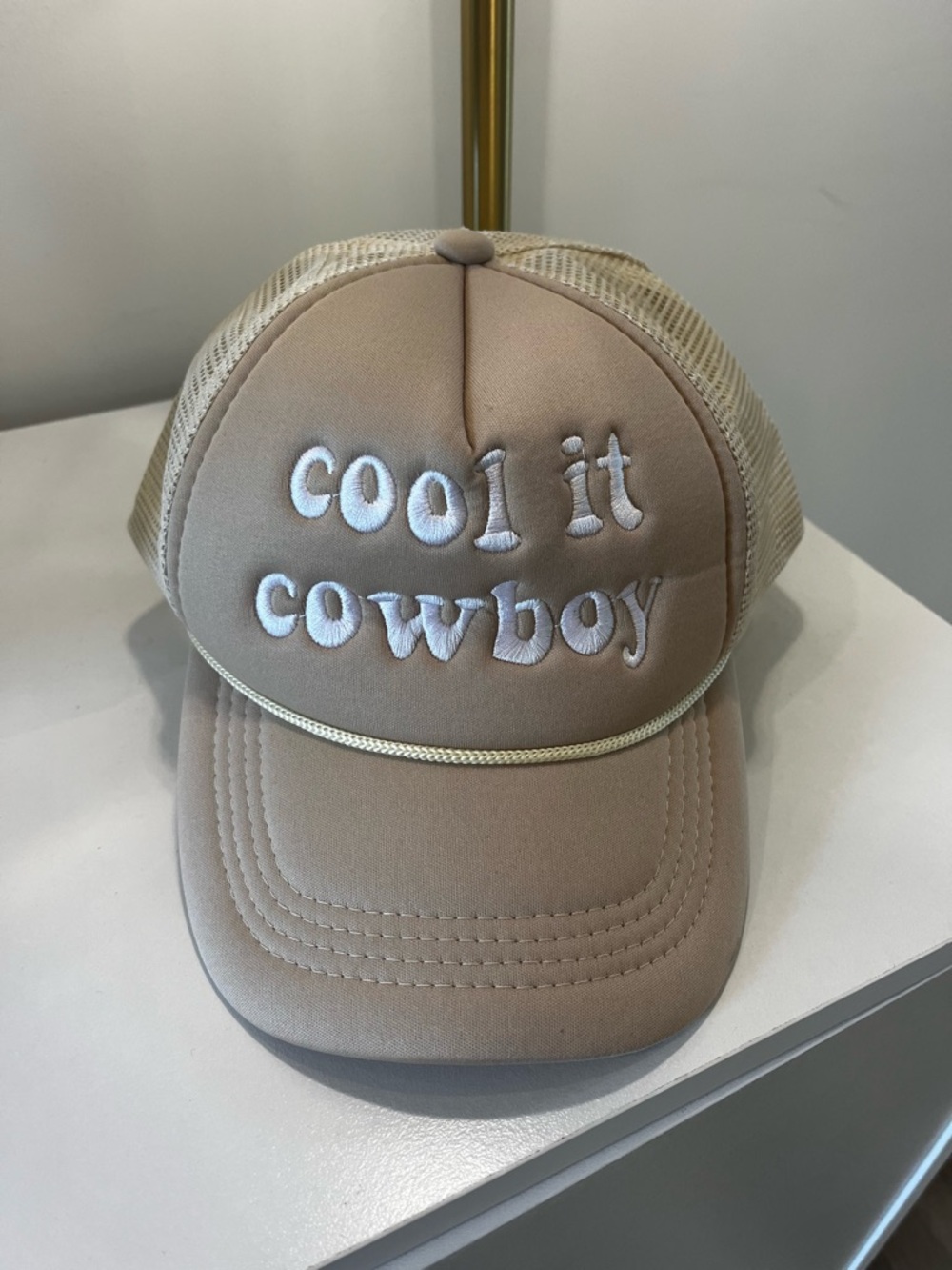 Beige 'cool it cowboy' Trucker Hat